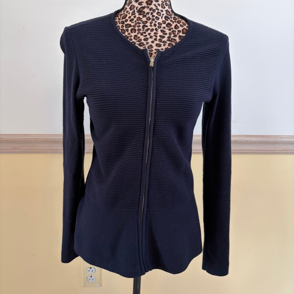 Talbots Navy Blue Full Zip Peplum Cardigan Sweater Ribbed Mixed Stitch XS